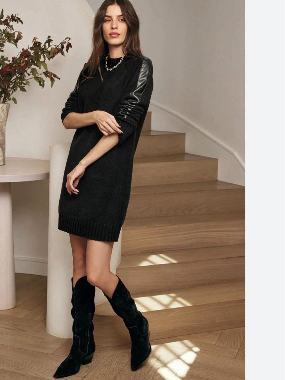 Evereve Harlow Knit Sweater Dress Black Faux Leather Sleeve Stripe Size L NEW